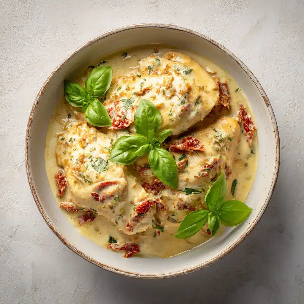 Crockpot Marry Me Chicken (The Easiest, Creamiest Recipe!) 2 An overhead shot of creamy slow cooker Marry Me Chicken in a serving dish, highlighting the sun-dried tomatoes and rich sauce.