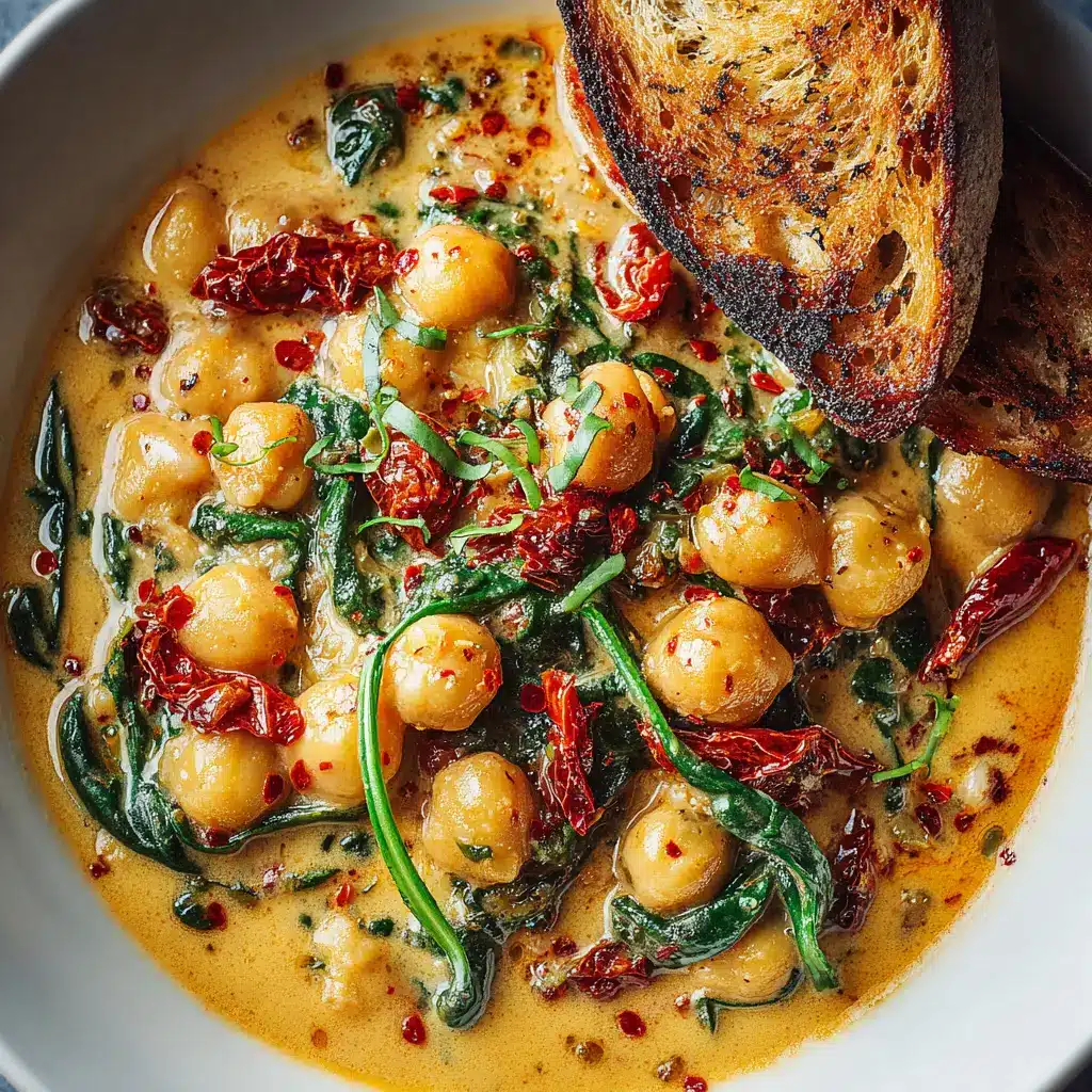Marry Me Chickpeas: The Ultimate Creamy, Savory Vegetarian Dinner 2 An extreme close-up overhead shot of creamy sun-dried tomato chickpeas, showing the rich texture of the sauce and herbs.