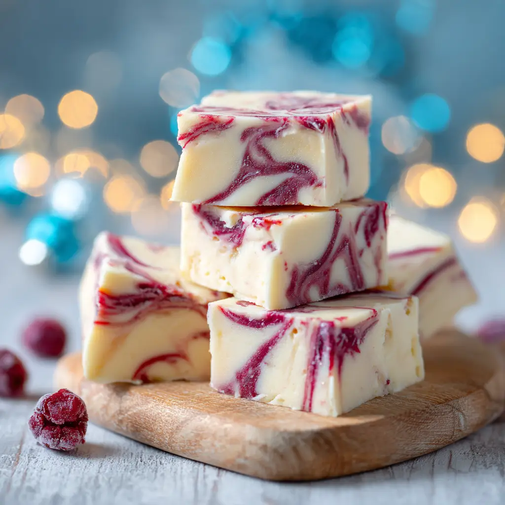 White Chocolate Raspberry Fudge (Easy, Creamy Recipe) 2 A pyramid stack of creamy white chocolate fudge with raspberry swirls, highlighting the smooth texture of the dessert.