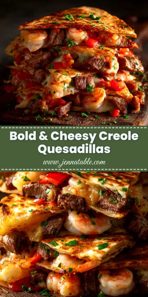 A delicious platter of Creole Steak and Shrimp Quesadillas, sliced into wedges and showing the cheesy, meaty filling. A perfect weeknight dinner recipe.