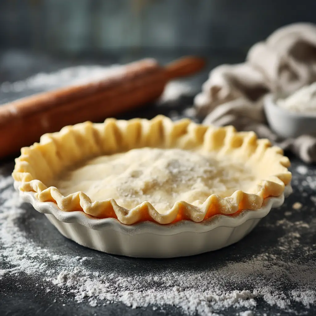 Homemade Pie Crust Recipe (That's Actually Easy!) 1 A perfectly crimped raw homemade pie crust seen from the side, with decorative edges ready for blind baking.