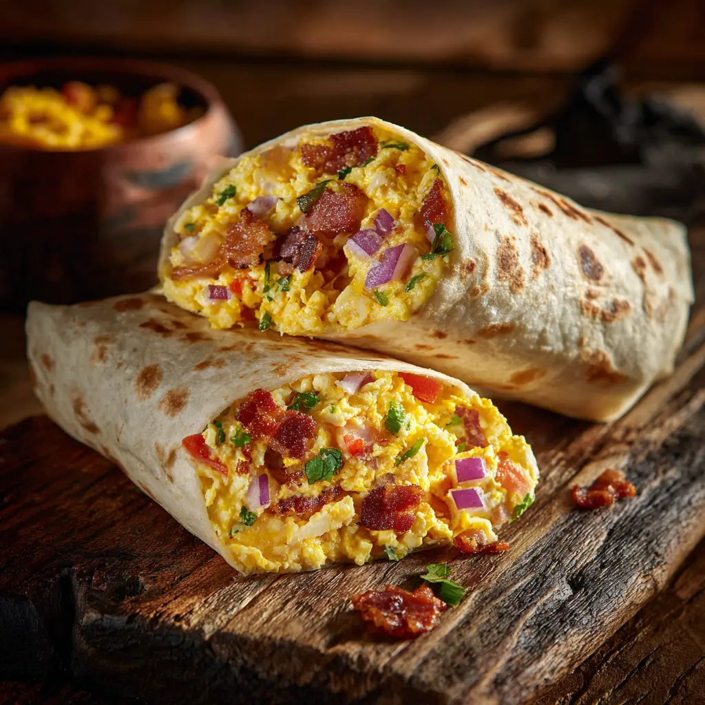 Bacon and Egg Breakfast Burritos: The Ultimate Morning Meal 1 A pan-fried bacon and egg breakfast burrito with a golden brown, crispy tortilla, resting next to another burrito sliced in half to show the filling.