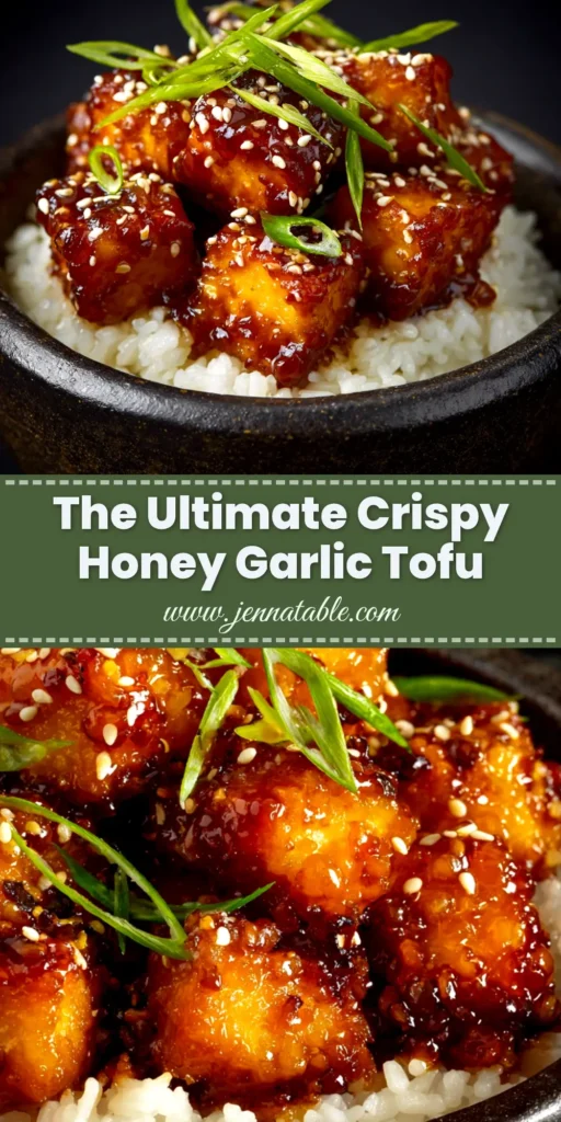 A top-down view of a bowl of Crispy Honey Garlic Tofu, garnished with sesame seeds and green onions, served over a bed of white rice.