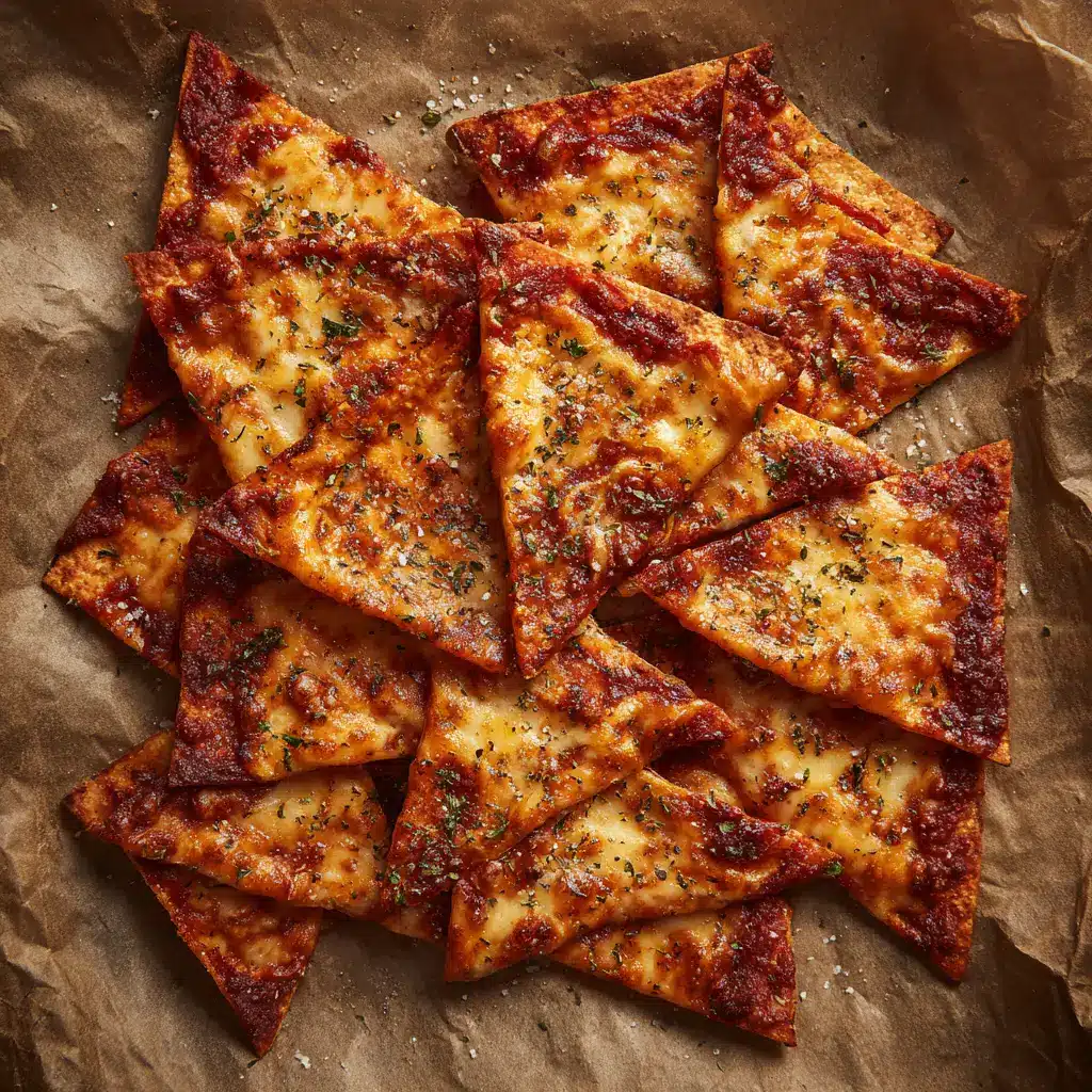 A serving bowl filled with crispy pepperoni pizza chips, showcasing the final result of this easy pizza snack recipe. A small bowl of marinara sauce is placed nearby.