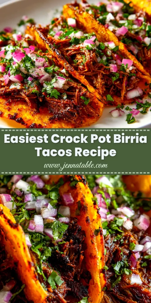 A platter of Crock Pot Birria Tacos, with crispy red tortillas filled with cheese and shredded beef. A small bowl of rich, dark red consommé for dipping is in the center. Garnished with fresh cilantro and lime.