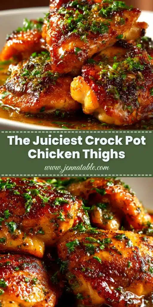 Crock Pot Chicken Thighs (So Tender & Juicy!) 3 A vertical pin image showing juicy Crock Pot Chicken Thighs with potatoes and carrots, with text overlay reading 'Easy Crock Pot Chicken Thighs - The Most Tender & Flavorful Recipe!'