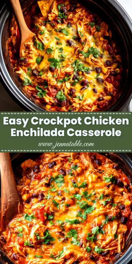 A close-up overhead shot of a cheesy Crockpot Chicken Enchilada Casserole in a black slow cooker, topped with fresh cilantro.