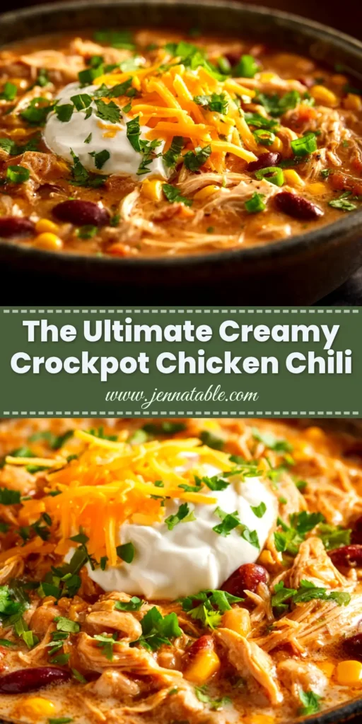 A large white bowl filled with creamy Crockpot Cream Cheese Chicken Chili, topped with shredded cheese and fresh cilantro. A spoon rests in the bowl.