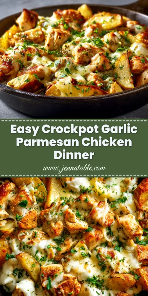 A top-down view of Crockpot Garlic Parmesan Chicken and Potatoes in a white serving dish, garnished with fresh parsley. The chicken and potatoes are coated in a creamy white sauce.