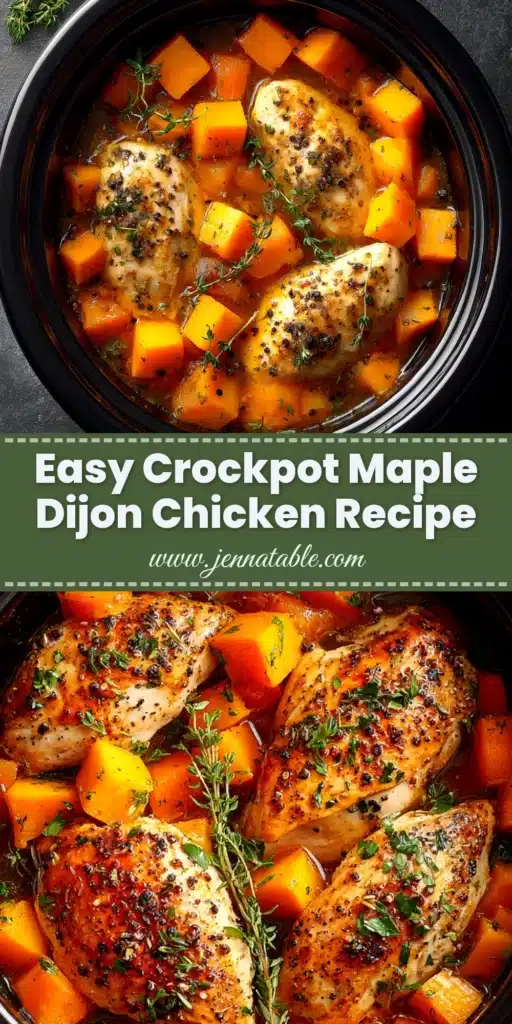 A close-up shot of Crockpot Maple Dijon Chicken in a serving bowl, garnished with fresh parsley. The chicken is glazed in a rich, dark sauce, ready to be served.