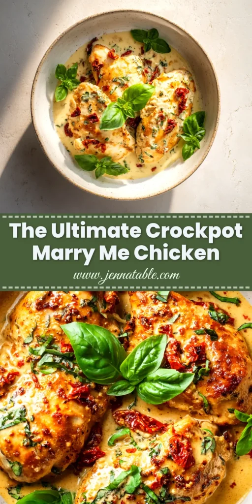 Crockpot Marry Me Chicken (The Easiest, Creamiest Recipe!) 3 A pin image showing creamy Crockpot Marry Me Chicken in a white bowl, served over pasta and garnished with fresh basil.