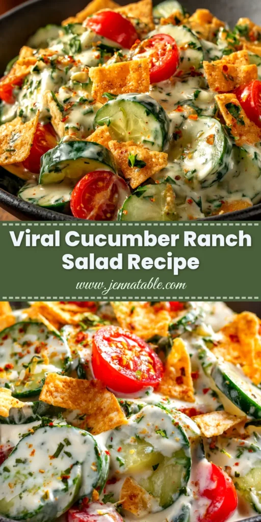 A large bowl of creamy cucumber ranch salad, garnished with fresh dill. The salad is ready to be served as a refreshing side dish.