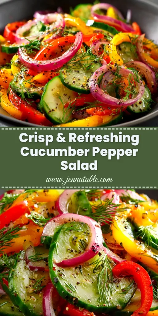 A vibrant Cucumber Sweet Pepper Salad in a white bowl, tossed with a light vinaigrette and fresh herbs. A perfect healthy side dish recipe.