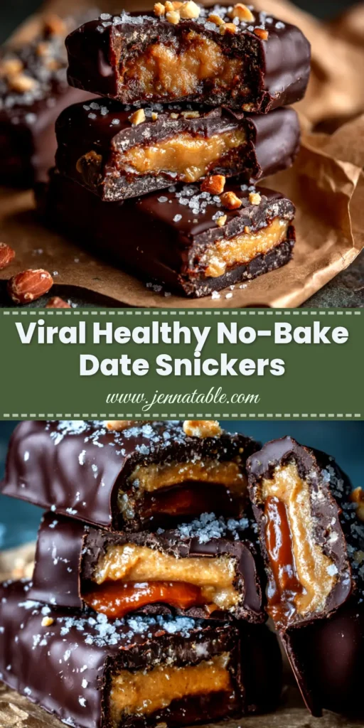 Date Snickers Recipe - a healthy, no-bake candy treat made with Medjool dates, peanut butter, and dark chocolate, stacked on a plate.