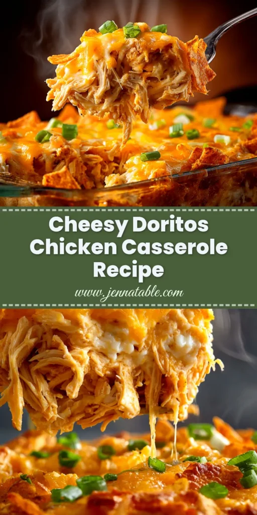 An overhead shot of a cheesy Doritos chicken casserole in a white baking dish, with a slice taken out to show the creamy layers inside.