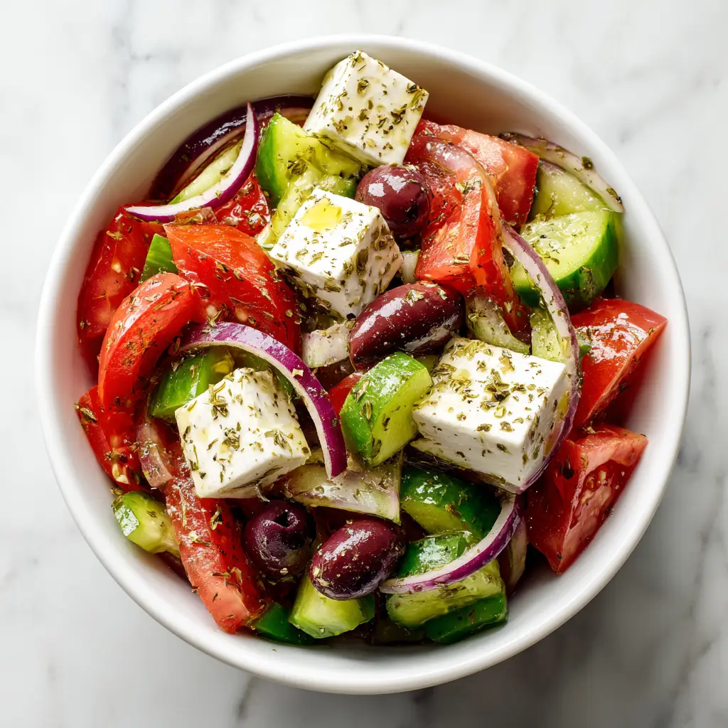 A finished Greek Horiatiki Salad being drizzled with high-quality extra virgin olive oil, highlighting the simple and flavorful dressing.