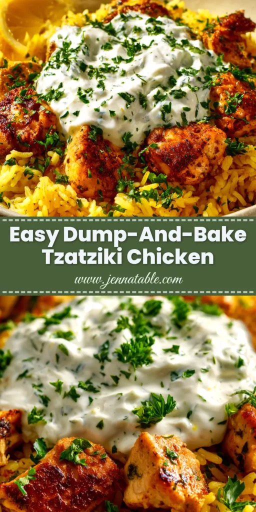 A top-down view of a 9x13 baking dish filled with delicious Dump and Bake Chicken Tzatziki Rice, garnished with fresh dill and lemon slices.