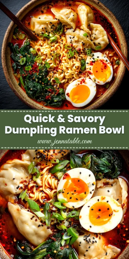 A delicious overhead shot of a bowl of dumpling ramen, featuring perfectly cooked dumplings, noodles, a soft-boiled egg, and fresh green onions in a savory broth. This easy 20-minute recipe is the ultimate comfort food.