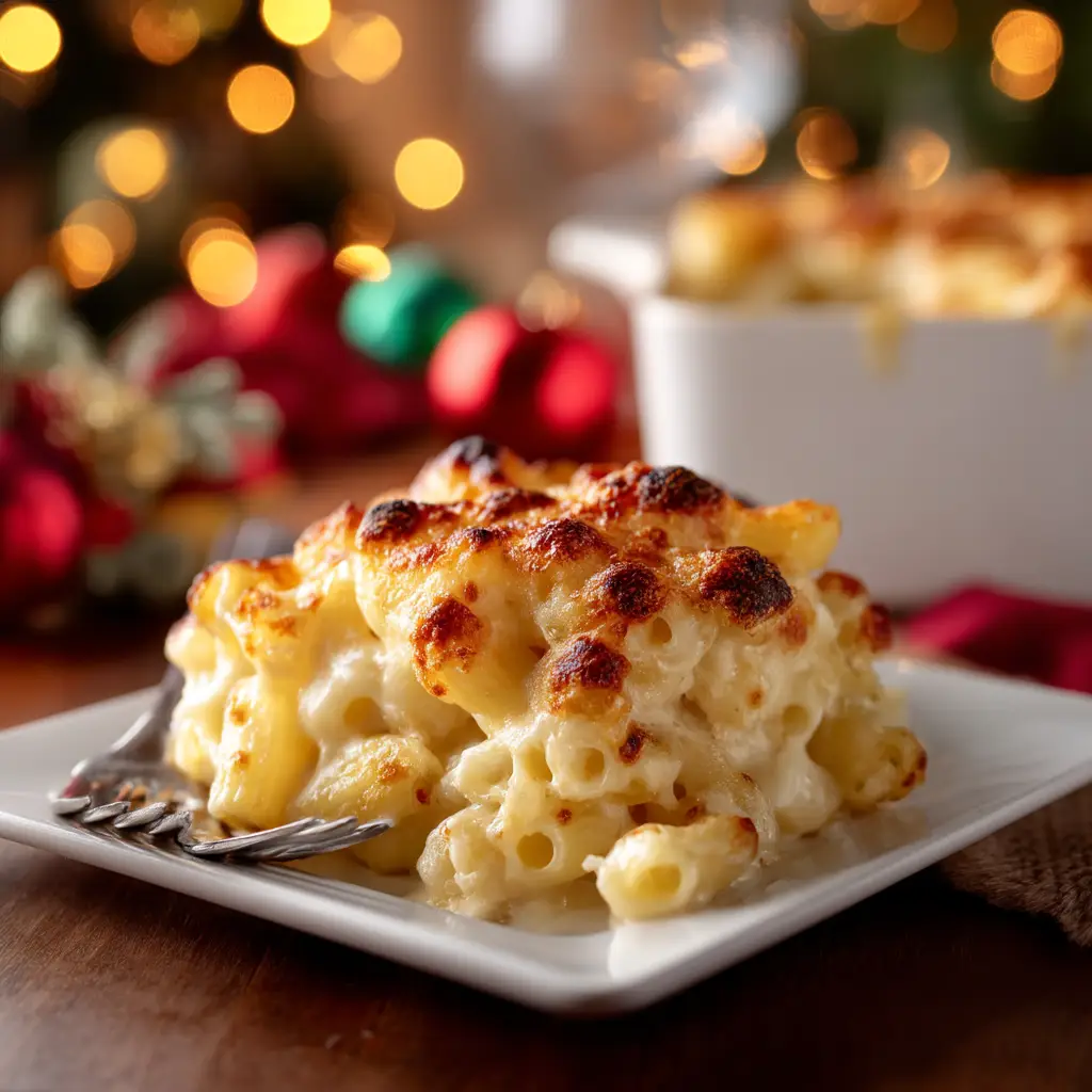 A serving of baked mac and cheese on a plate, highlighting the perfectly cooked pasta coated in a rich cheese sauce.