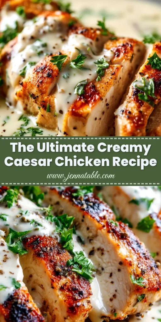 Caesar Chicken: Your New Favorite 30-Minute Dinner 3 A top-down view of a skillet filled with creamy Caesar Chicken, garnished with parmesan and parsley. This easy 30-minute recipe is perfect for weeknight dinners.