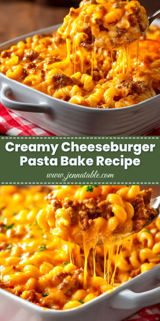 A delicious and easy Cheeseburger Casserole in a white baking dish, topped with melted cheddar cheese, bacon, and pickles. The perfect weeknight dinner idea.