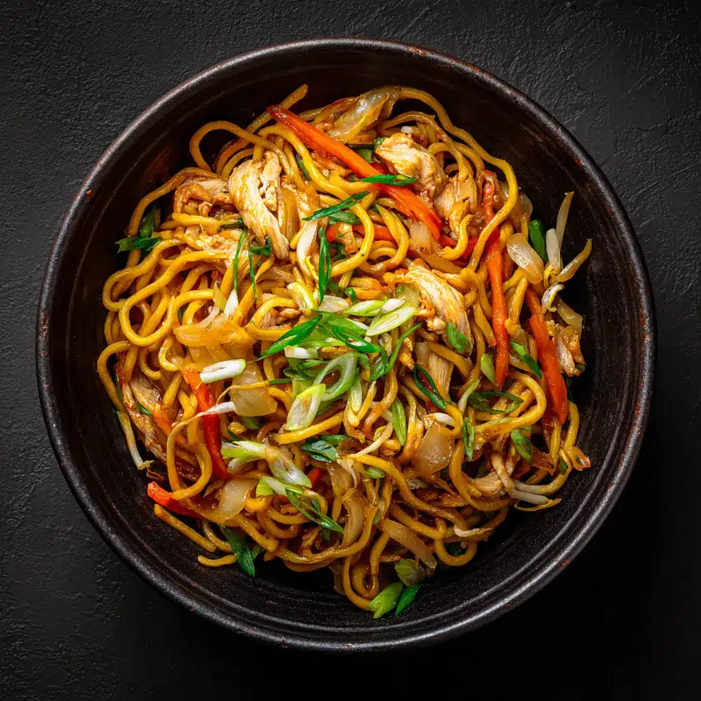 Chow Mein Recipe (Better Than Takeout!) 1 A close-up of chicken chow mein in a bowl, showcasing the glossy sauce coating the noodles, chicken, and colorful vegetables. This highlights the easy chicken chow mein variation.