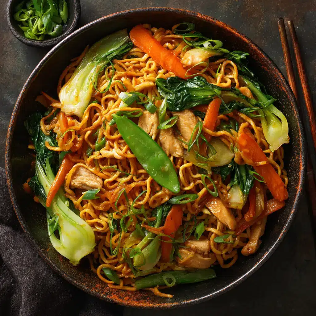 A serving of the finished chow mein recipe in a white bowl, garnished with fresh scallions and ready to eat.
