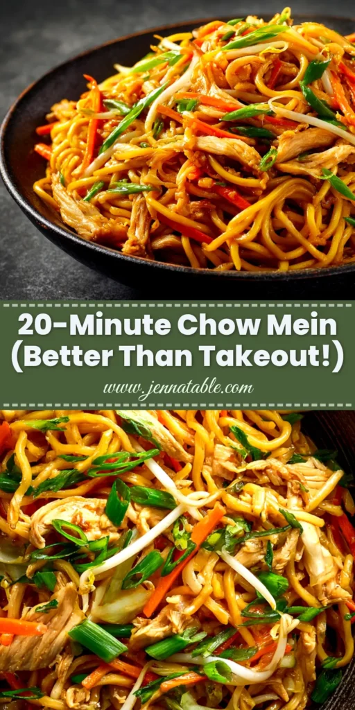 Chow Mein Recipe (Better Than Takeout!) 3 A delicious bowl of homemade chow mein recipe with chicken and fresh vegetables. The noodles are perfectly cooked and coated in a savory sauce, ready to be shared on Pinterest.