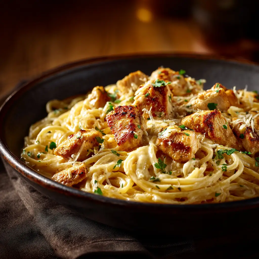 Garlic Butter Chicken Pasta (The Ultimate 30-Minute Recipe) 1 A plated serving of easy garlic butter chicken pasta, with a fork twirling the linguine.