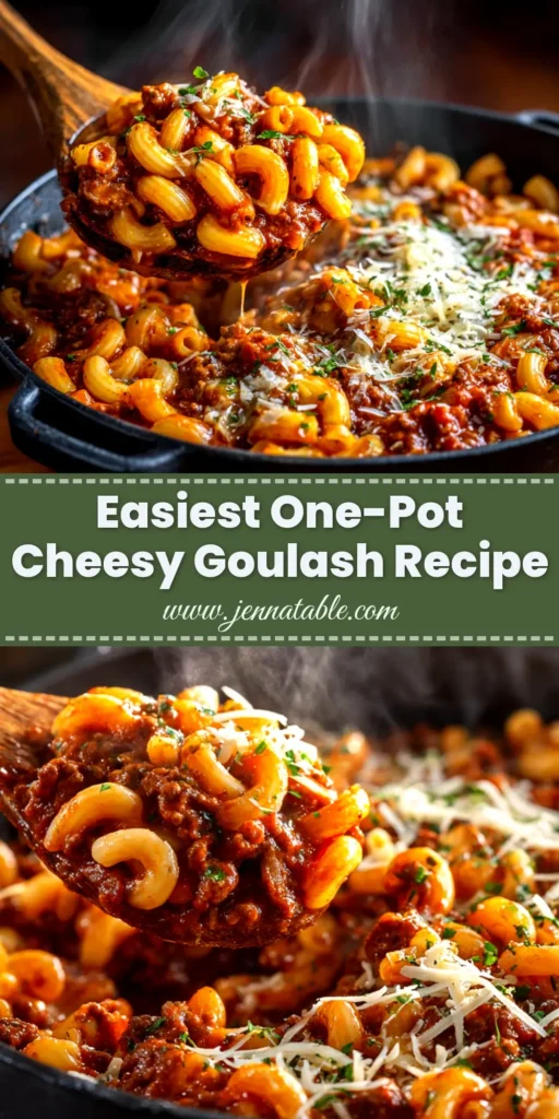 A large white bowl filled with a hearty serving of an easy goulash recipe, featuring macaroni, ground beef, and a rich tomato sauce, garnished with fresh parsley.