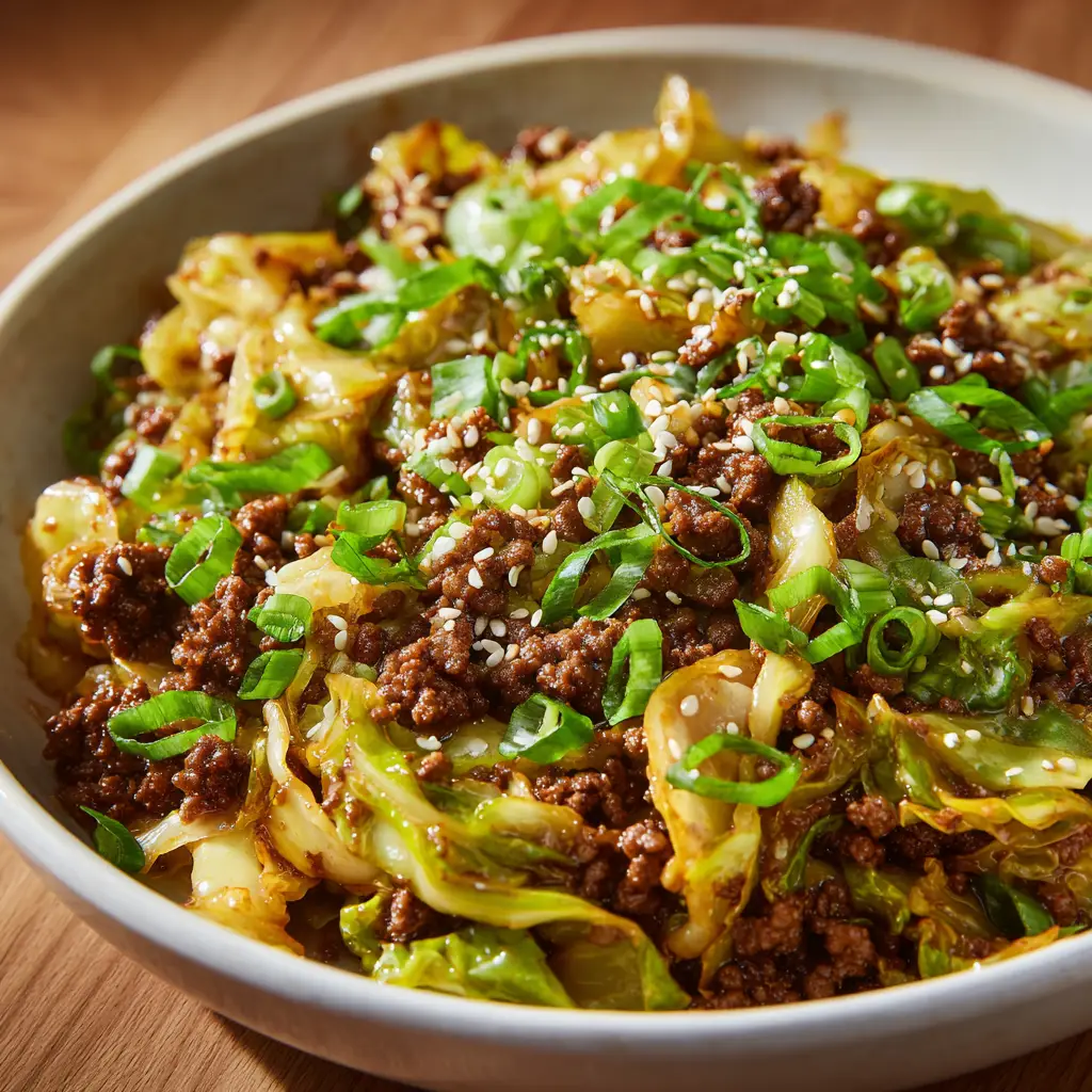 A final plated bowl of the easy ground beef stir fry served over cauliflower rice and topped with fresh green onions.