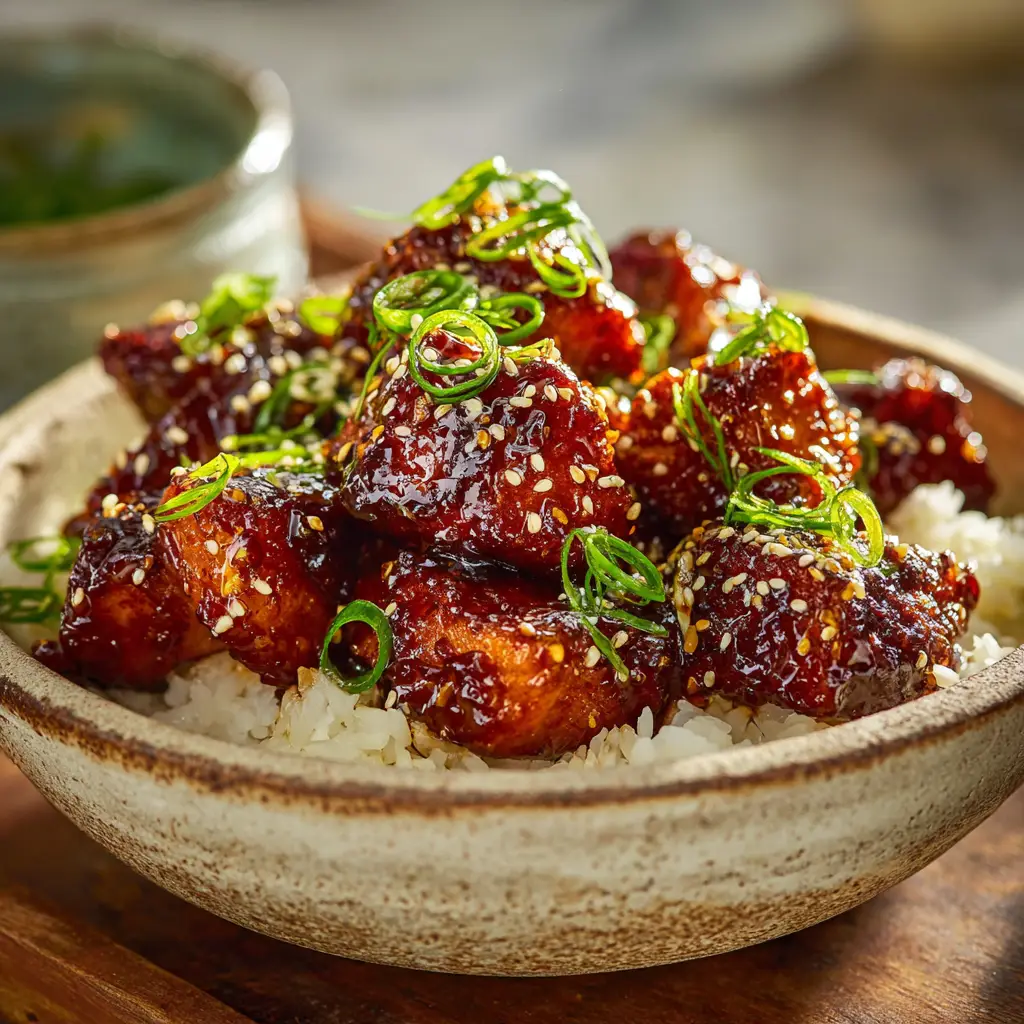 Honey Garlic Salmon Bites: Crispy, Quick & Irresistible 2 A pile of perfectly cooked honey garlic salmon bites on a plate, showing their crispy texture and glossy glaze. A fork is lifting one bite to show its tenderness.