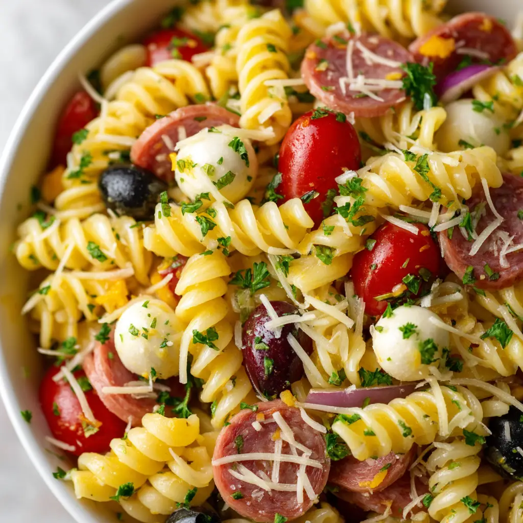 A colorful serving of the easy Italian pasta salad in a bowl, showing the mix of fresh ingredients like tomatoes, cucumbers, and olives.