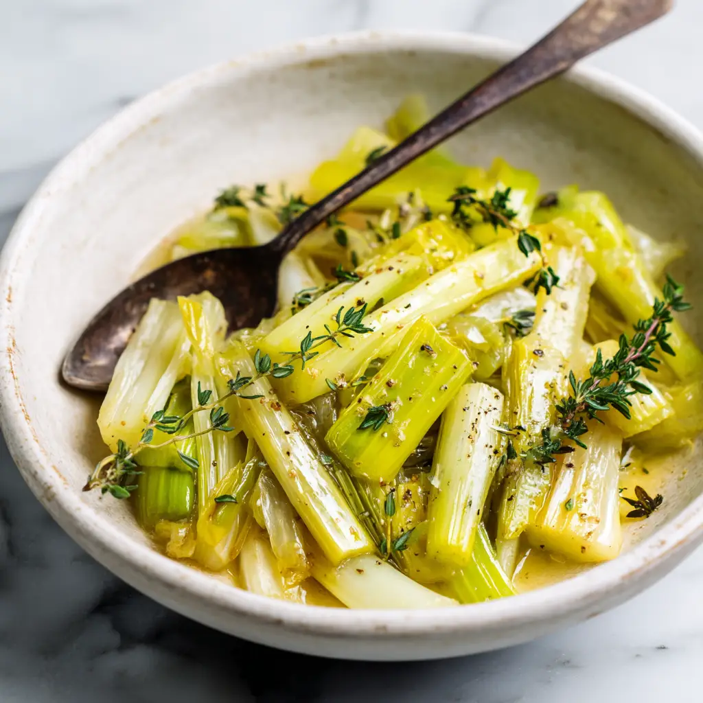 A spoonful of buttery sautéed leeks being lifted from a skillet, showing the delicious, simple leek side dish ready to be served.