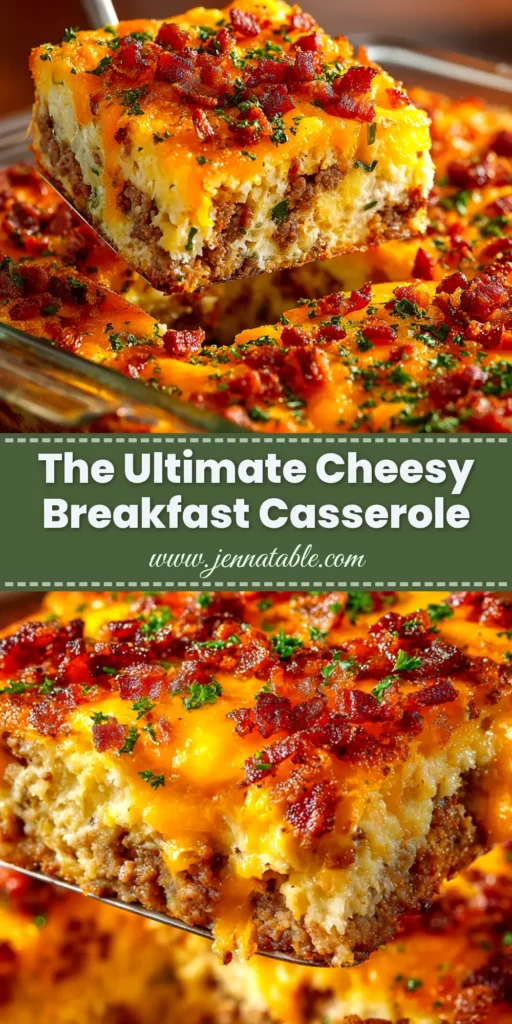 A golden-brown baked breakfast casserole in a white baking dish, with a slice being lifted out, showing layers of sausage, egg, and cheese. This easy make-ahead recipe is perfect for a crowd.