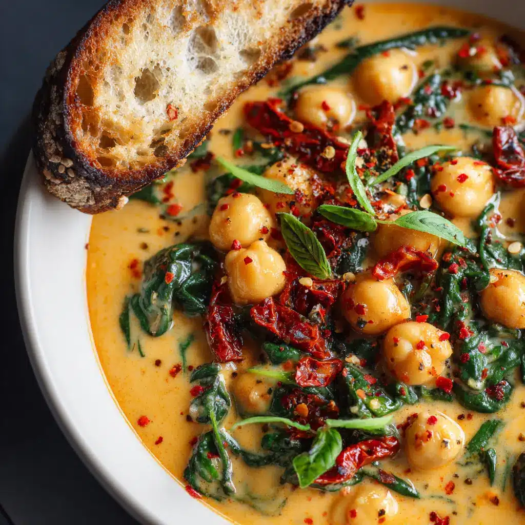 Marry Me Chickpeas: The Ultimate Creamy, Savory Vegetarian Dinner 1 A spoonful of Marry Me Chickpeas being lifted from a skillet, highlighting the delicious sauce and fresh spinach.