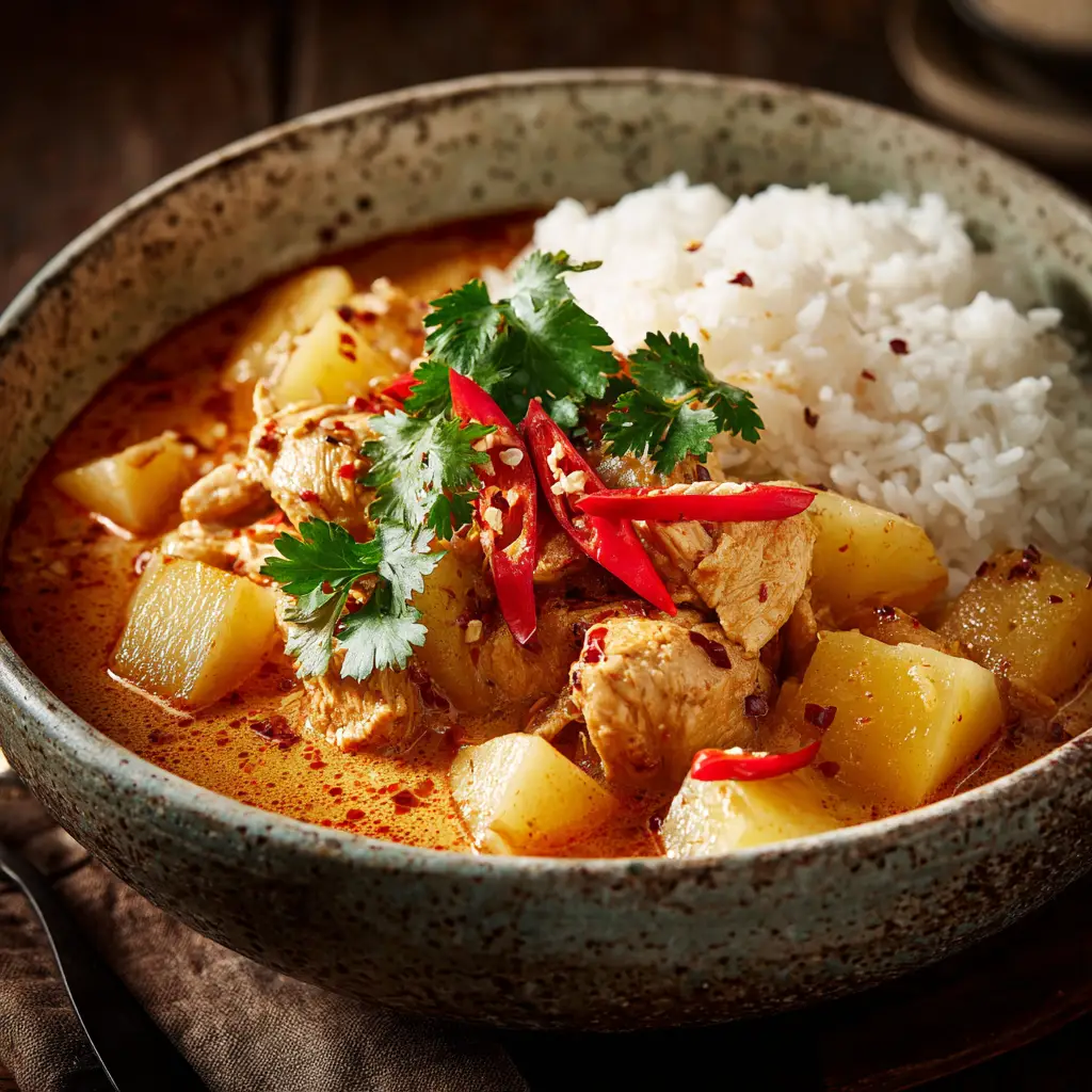 An overhead view of the finished Massaman Curry served in a rustic bowl, garnished with fresh cilantro and placed next to a side of jasmine rice.