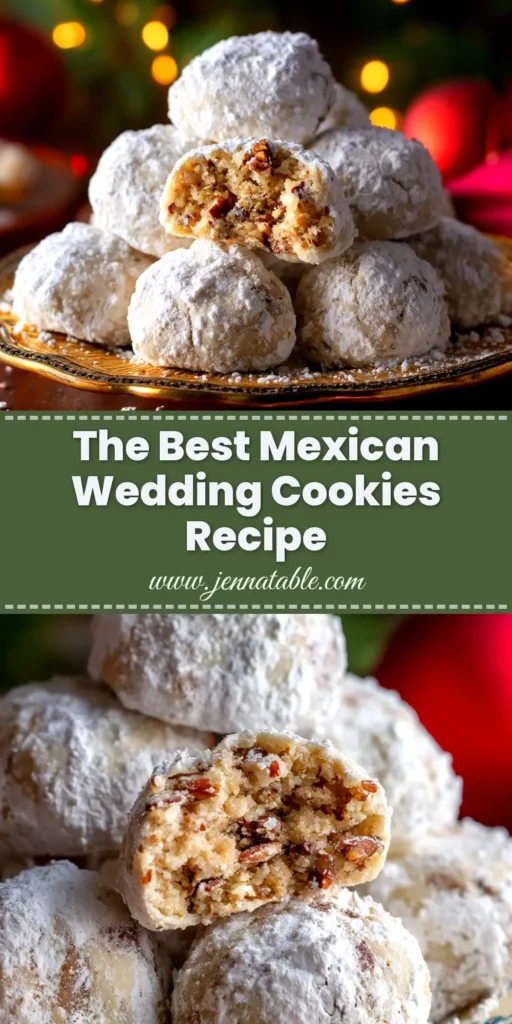 A stack of perfectly round Mexican Wedding Cookies coated in a thick layer of white powdered sugar, ready to be served. The cookies are on a festive plate, highlighting their delicious, crumbly texture.