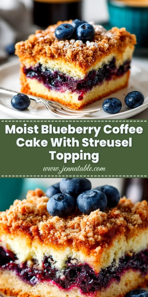 An overhead shot of a freshly baked blueberry coffee cake in a square pan, with a perfect cinnamon streusel topping and one slice cut out.