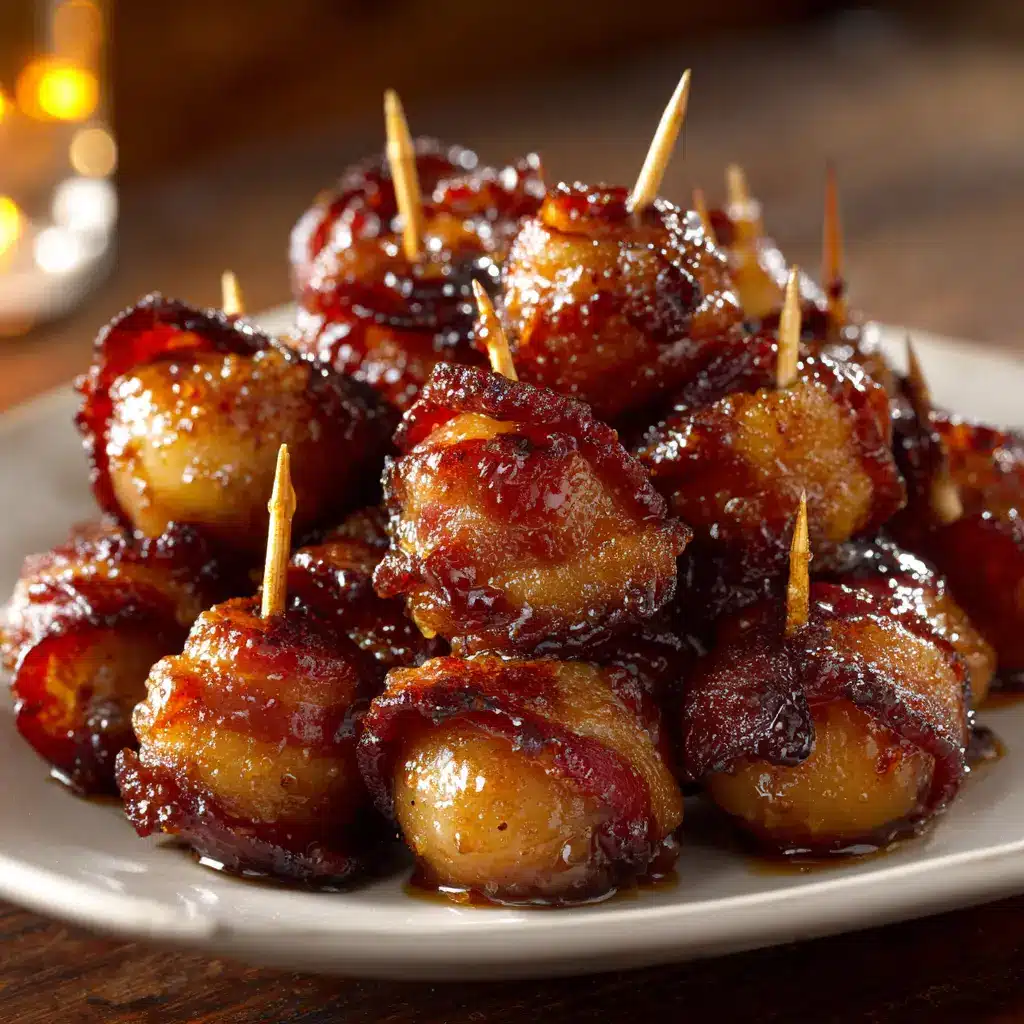 Another view of bacon wrapped water chestnuts on a platter, ready to be served as a sweet and savory party appetizer.