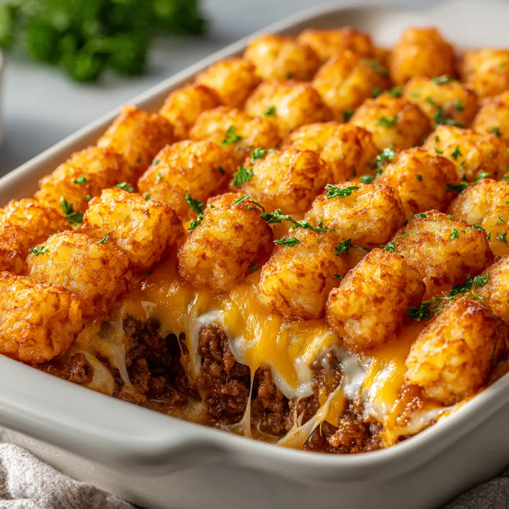 The full 9x13 inch Tater Tot Casserole fresh out of the oven, with a golden-brown, crispy tater tot topping and bubbly cheese.
