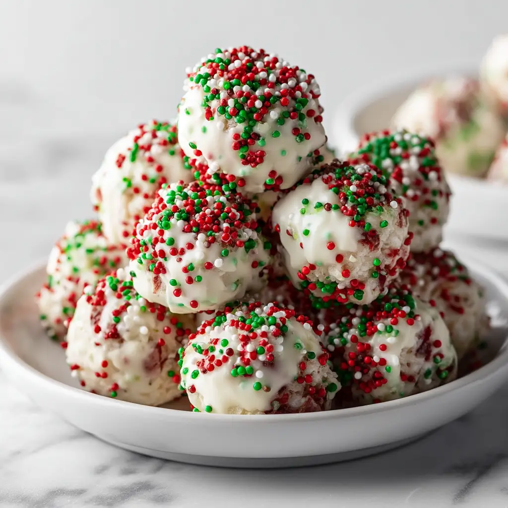 A close-up shot of a green Christmas Rice Krispie Treat square topped with red, white, and green holiday sprinkles.