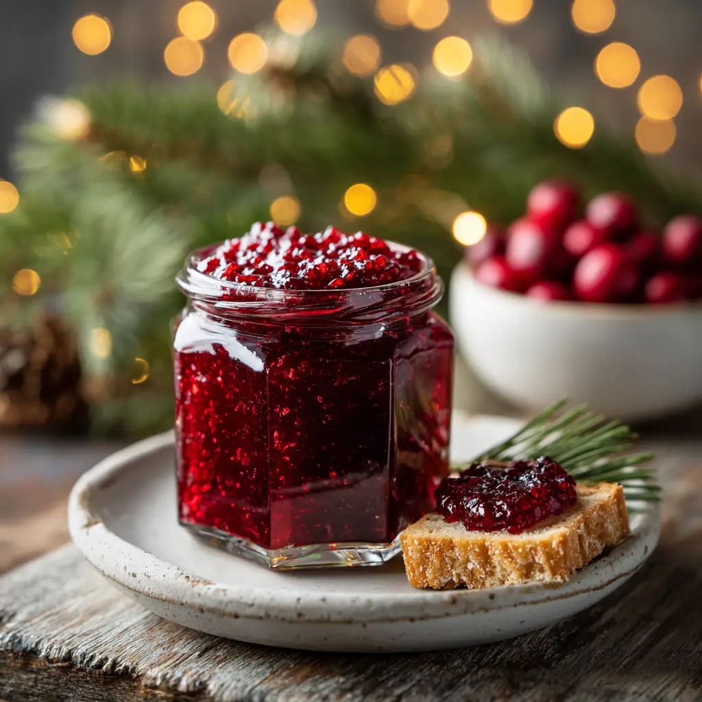 Christmas Jam Recipe (The Only Guide You'll Need) 2 A beautiful hexagonal glass jar filled to the brim with vibrant, red festive jam, ready to be sealed.