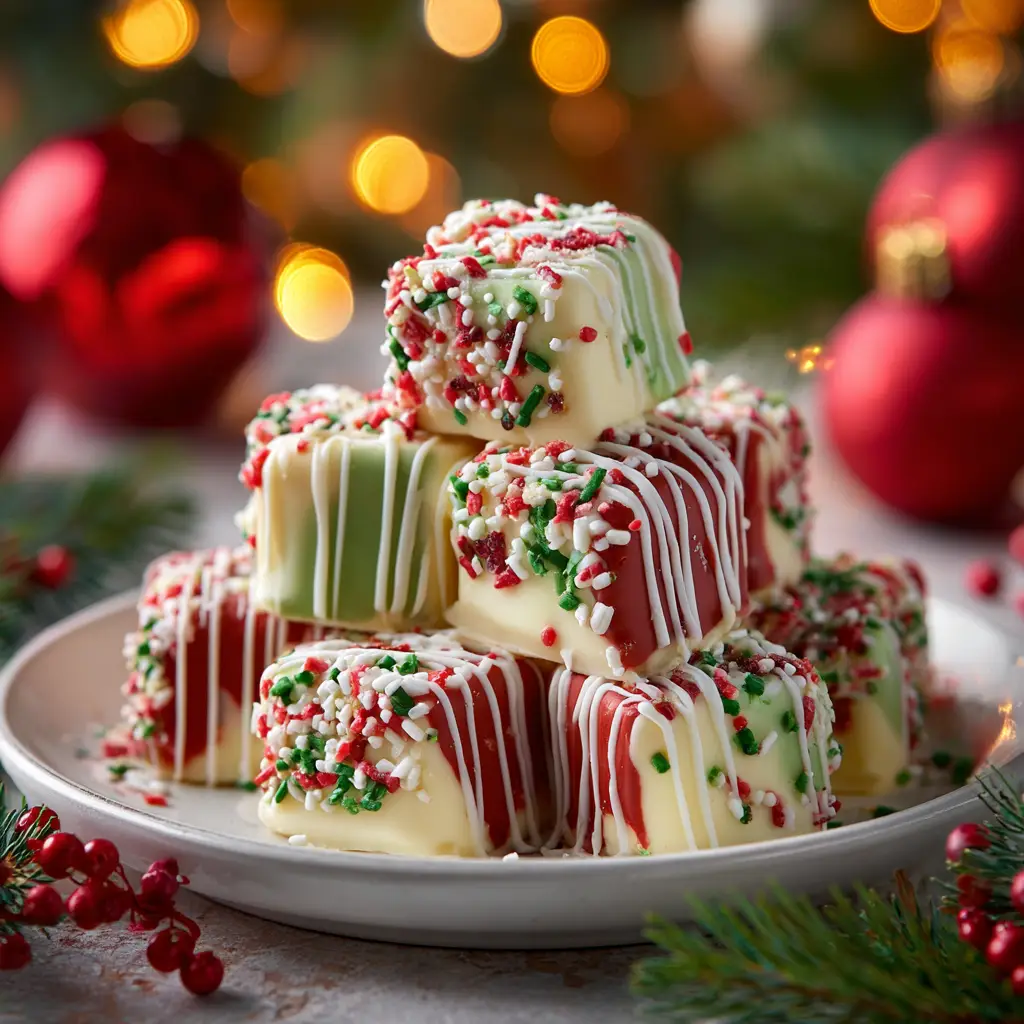 A stack of three festive cheesecake bites with a graham cracker crust, decorated for the holidays. Shows the creamy texture of the no-bake filling.