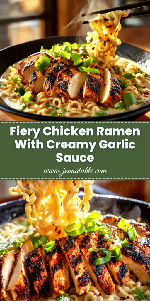 An overhead shot of a vibrant bowl of Fiery Chicken Ramen, featuring a spicy red broth, tender chicken, a jammy soft-boiled egg, and green onions.