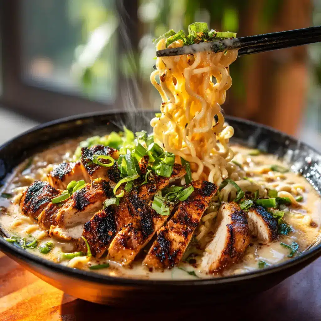 Another perspective of the homemade spicy chicken ramen, showing the perfectly assembled toppings like nori and green onions.