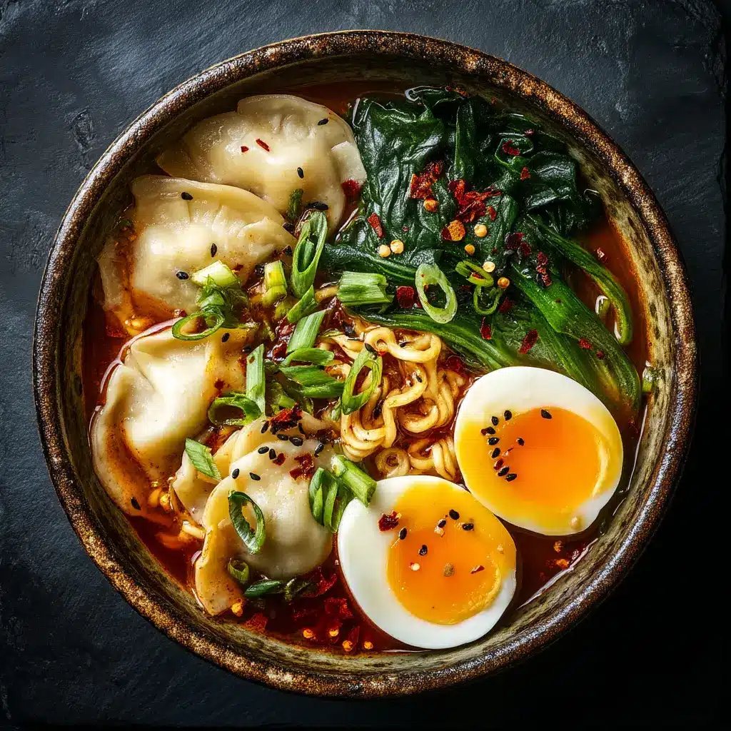 A close-up shot of the finished dumpling ramen, showcasing the texture of the noodles and dumplings. This shows the result of the step-by-step instructions.