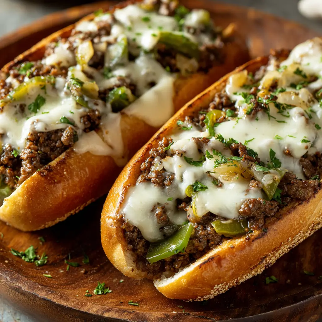 Two finished cheesesteak sandwiches made with ground beef, ready to be served for a quick weeknight dinner.