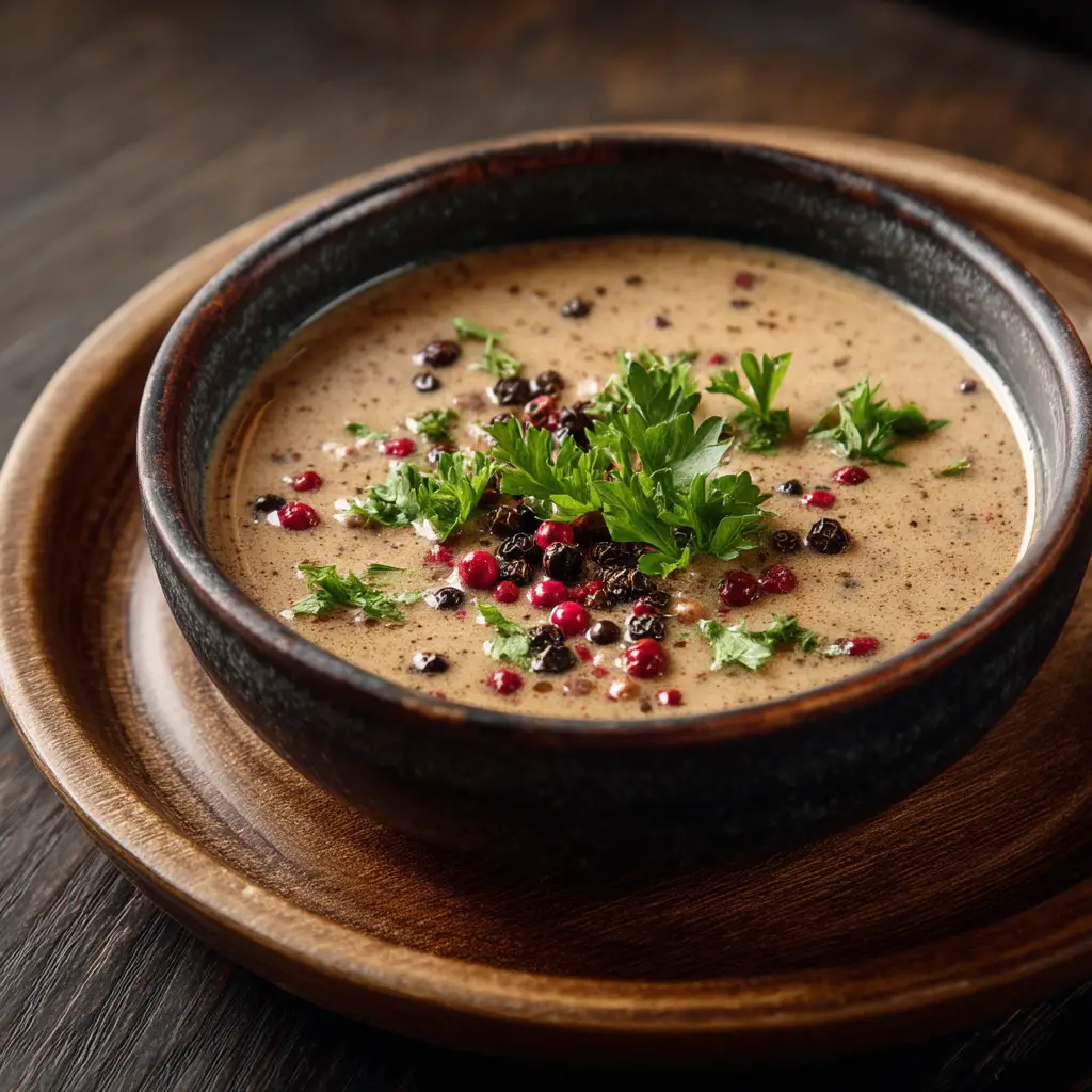 Peppercorn Sauce Recipe (The Ultimate Guide) 1 A beautiful serving bowl filled with the finished brandy peppercorn sauce, ready to be served over a steak dinner.