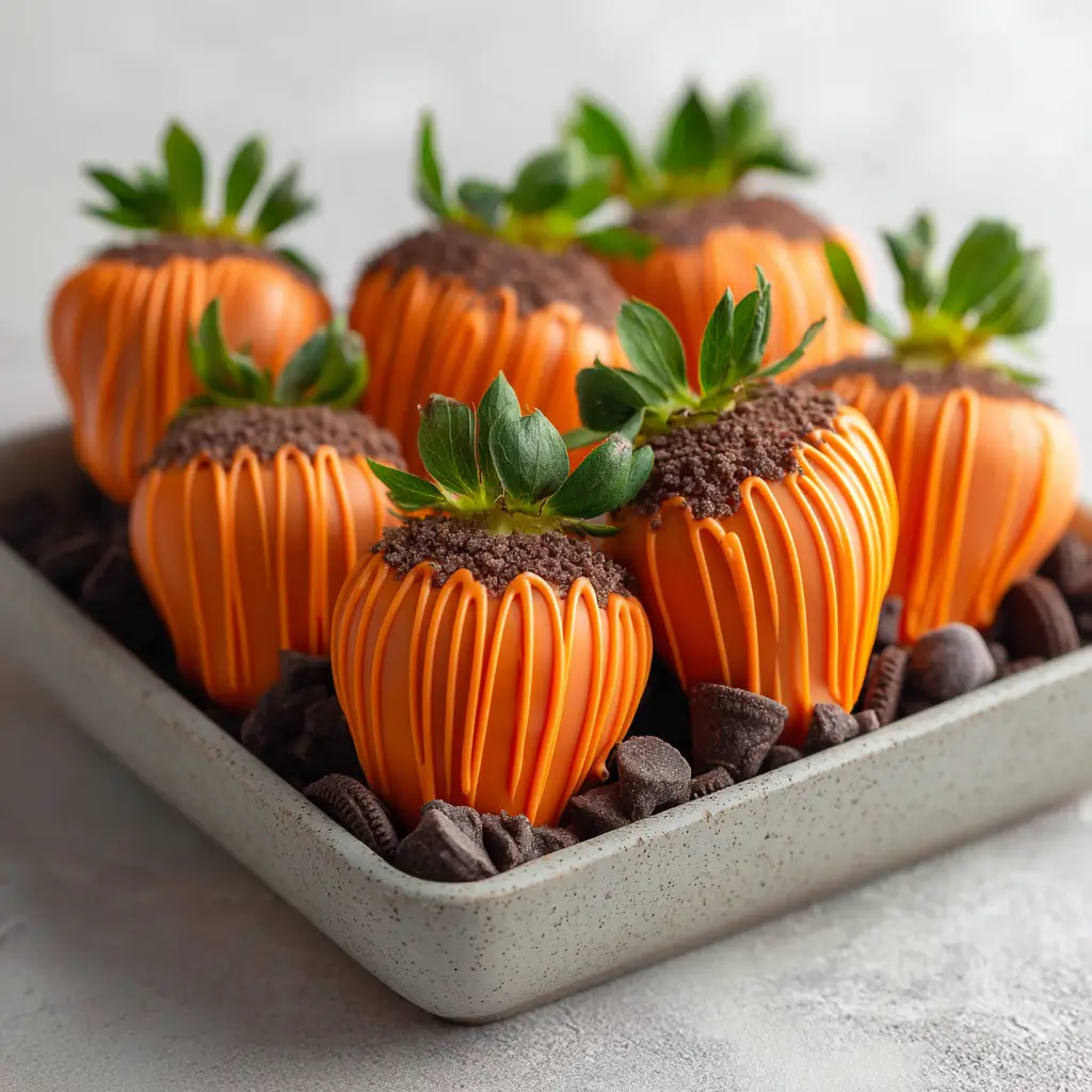 A platter showcasing the finished pumpkin patch strawberries nestled in a bed of dark, crushed Oreo cookie 'dirt', creating a festive Halloween scene.